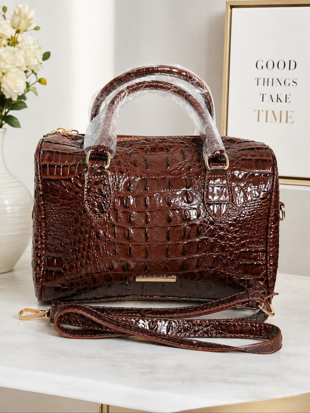 Brown Croc-Embossed Structured Satchel - Women Bags